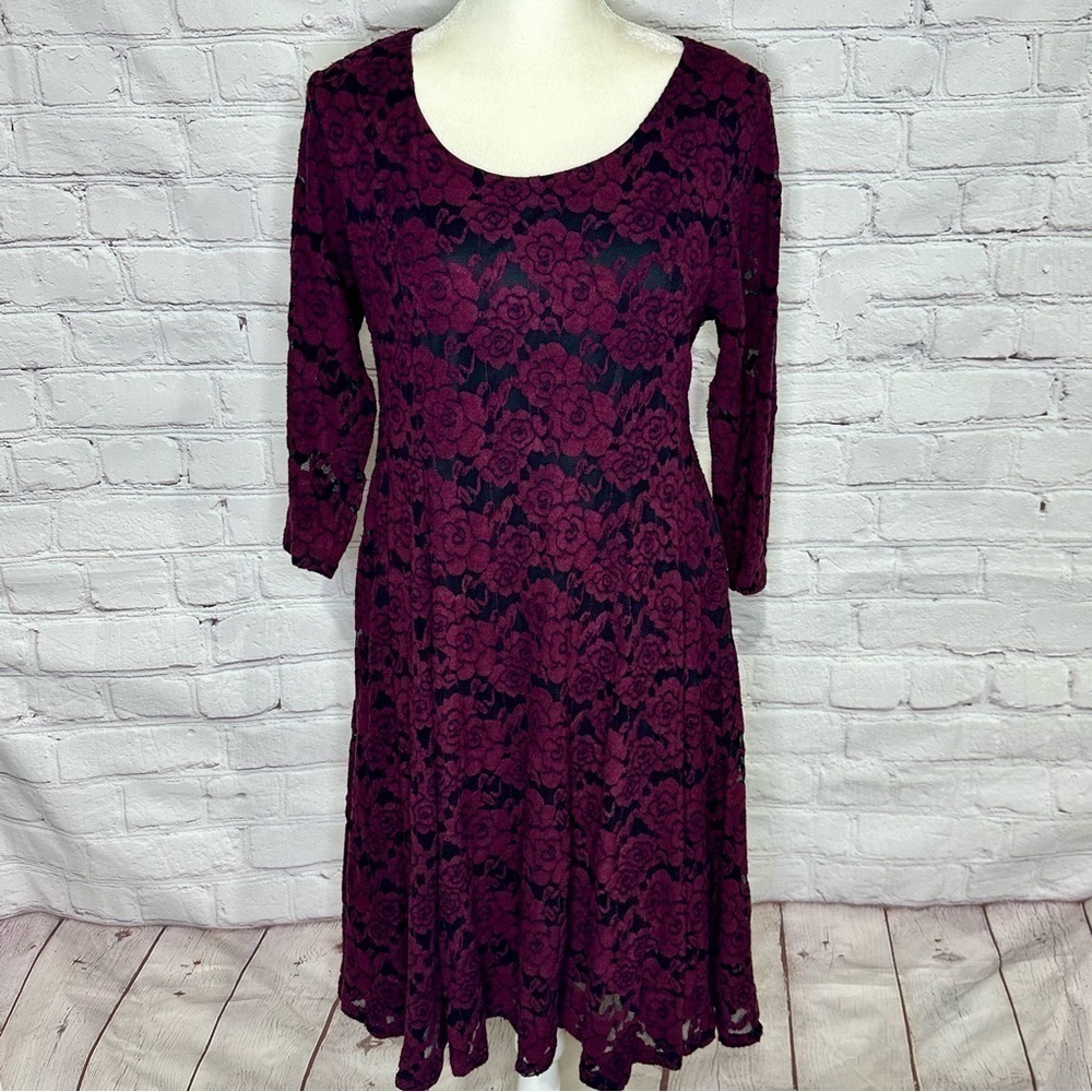 Torrid Mini Lace Fluted Dress in winetasting color